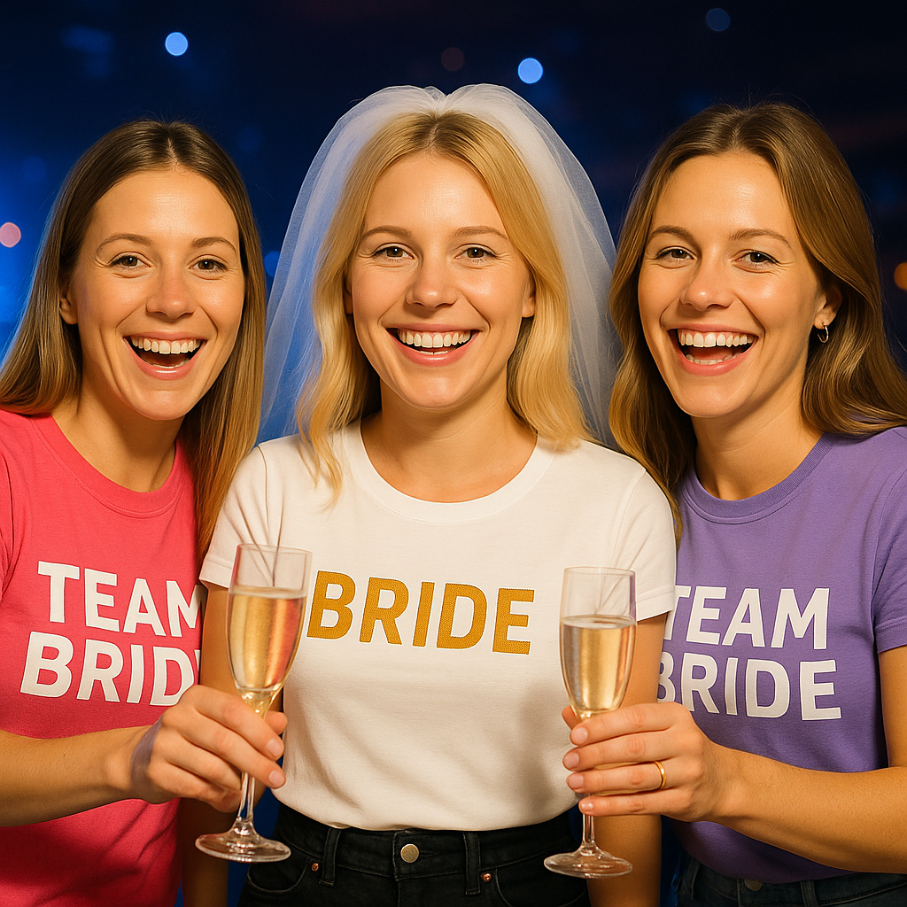 Vor der Hochzeit noch mal richtig feiern – Braut mit Freundinnen bei einem stylischen Junggesellinnenabend.
